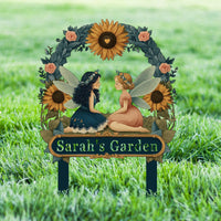 Personalized Fairy Garden Sign with Stake – Custom Name Sunflower Floral Yard Decor