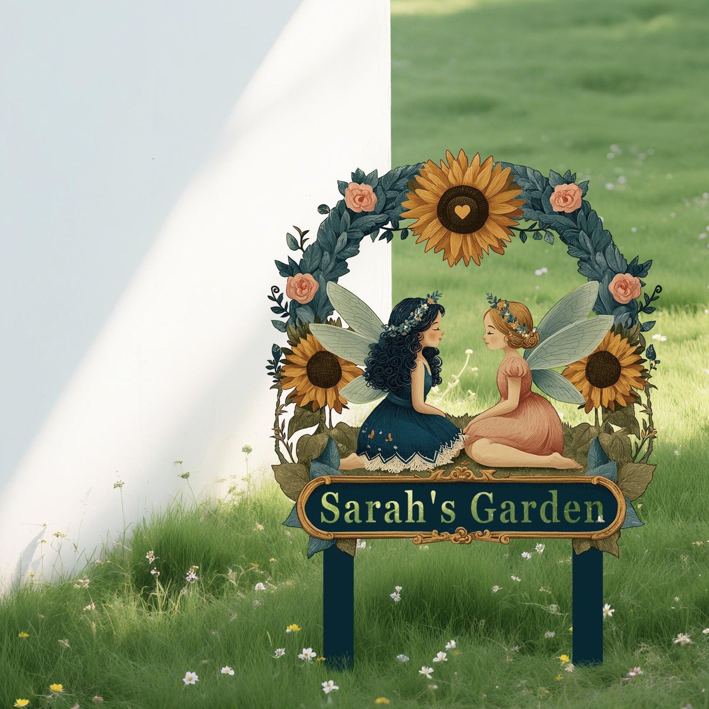 Personalized Fairy Garden Sign with Stake – Custom Name Sunflower Floral Yard Decor