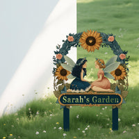 Personalized Fairy Garden Sign with Stake – Custom Name Sunflower Floral Yard Decor