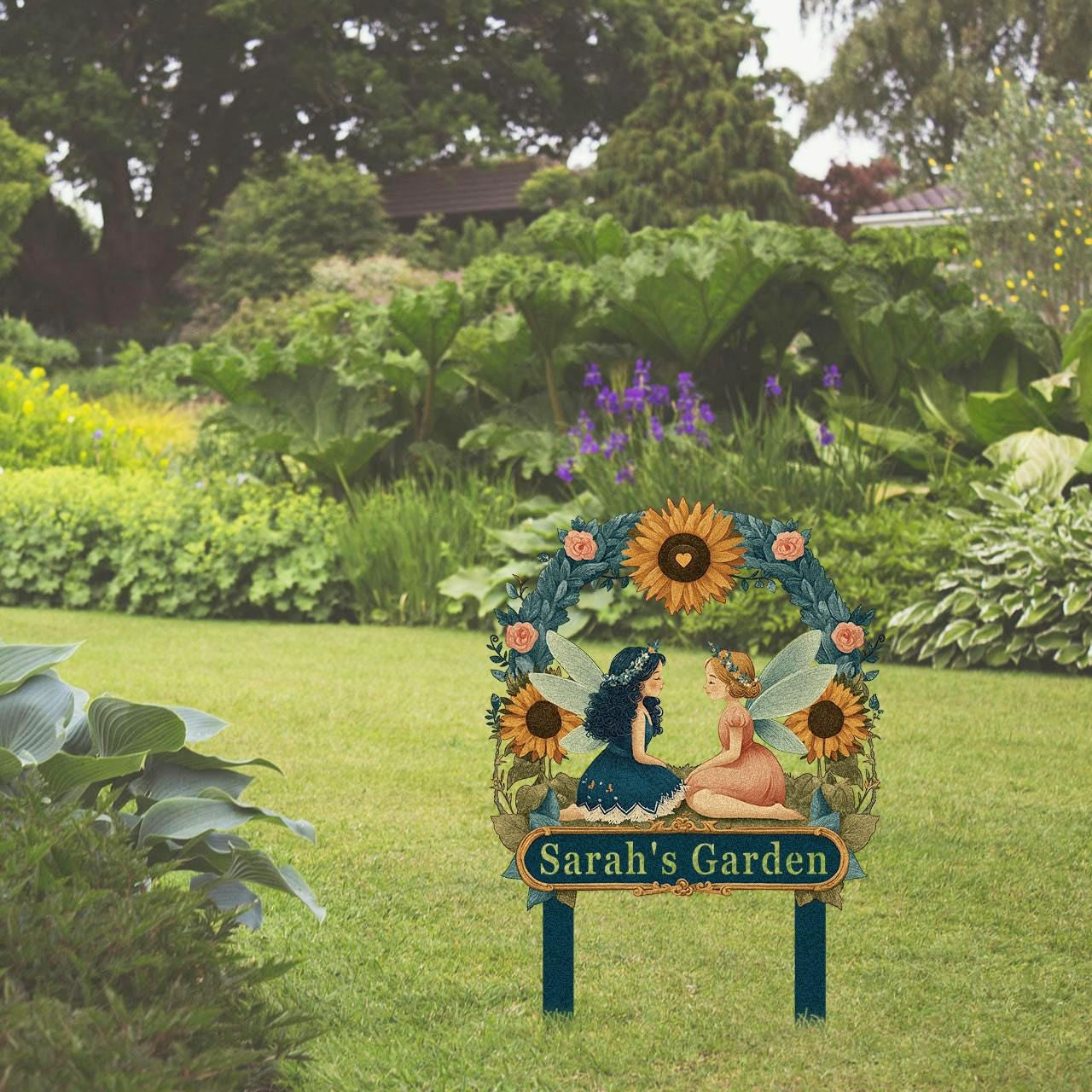 Personalized Fairy Garden Sign with Stake – Custom Name Sunflower Floral Yard Decor
