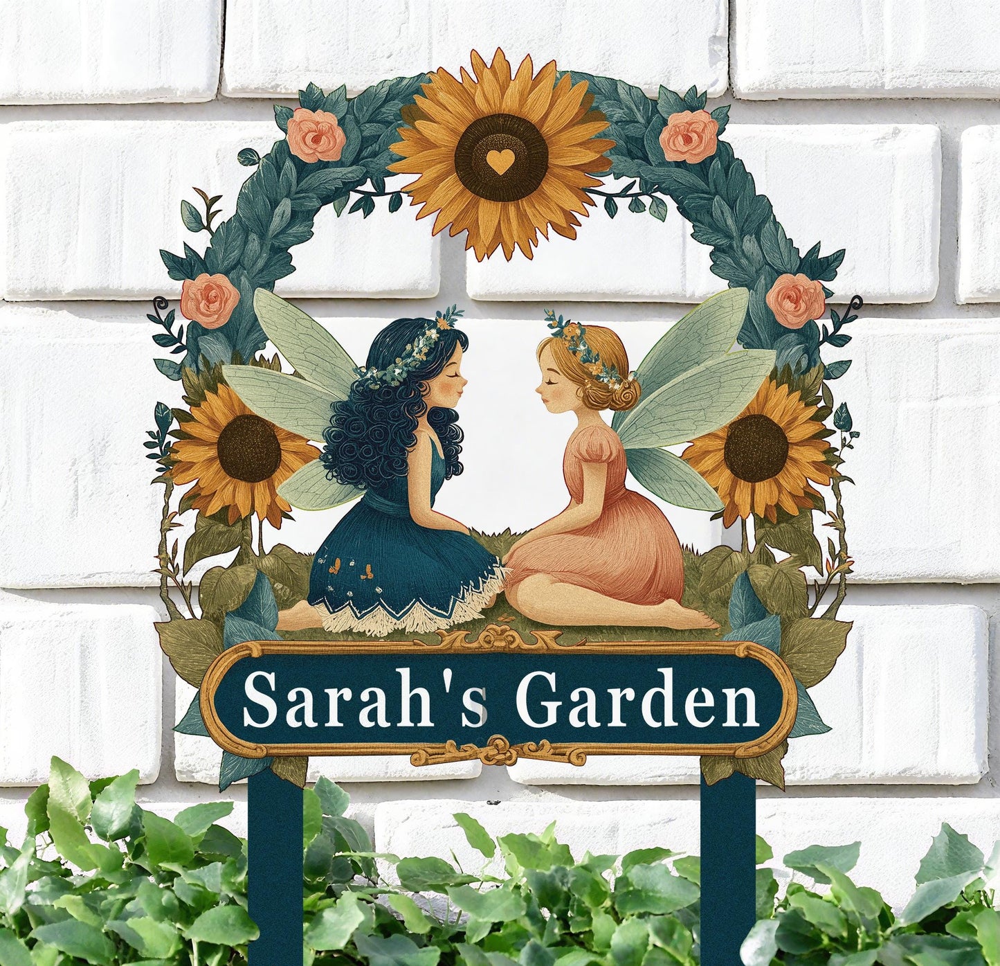 Personalized Fairy Garden Sign with Stake – Custom Name Sunflower Floral Yard Decor