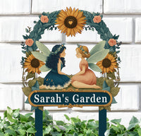 Personalized Fairy Garden Sign with Stake – Custom Name Sunflower Floral Yard Decor