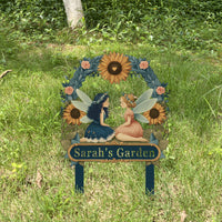 Personalized Fairy Garden Sign with Stake – Custom Name Sunflower Floral Yard Decor
