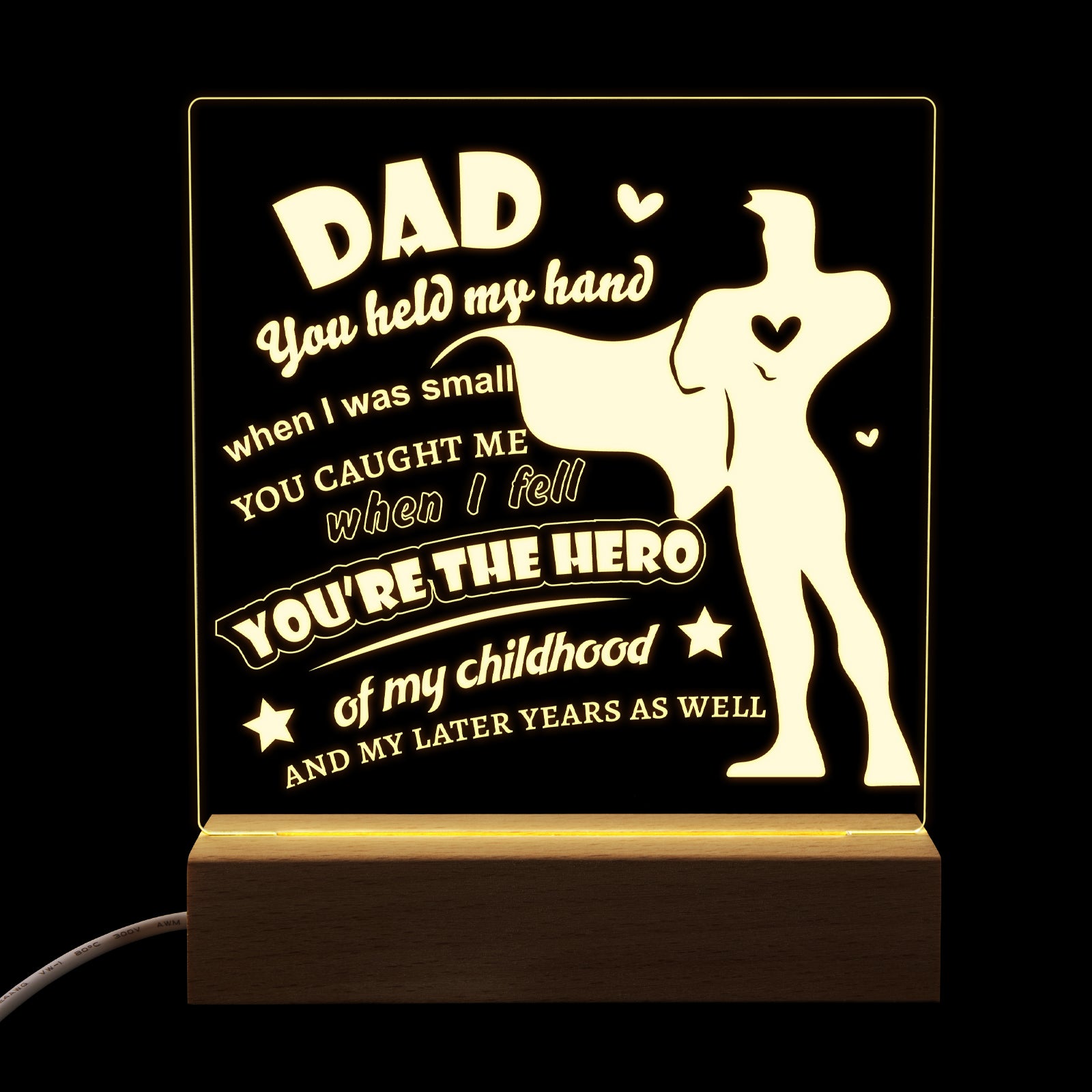 Square Night Light For Fathers Day Birthday Gift,You're The Hero, Dad Gifts Personalized LED Lamp Presents Form Daughter,Son