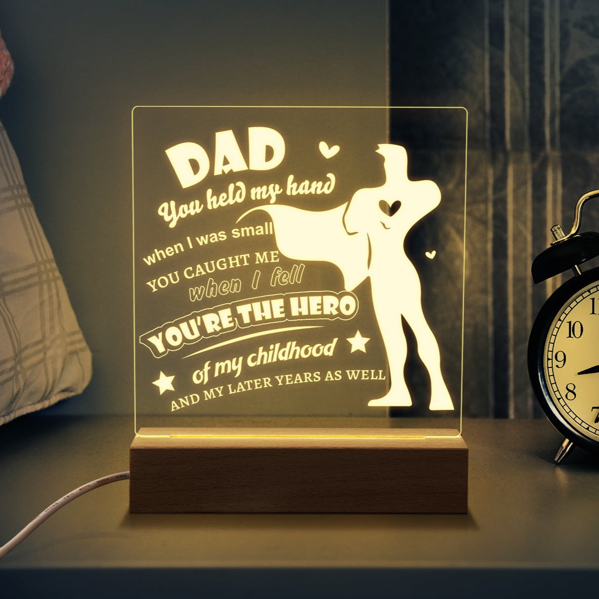 Square Night Light For Fathers Day Birthday Gift,You're The Hero, Dad Gifts Personalized LED Lamp Presents Form Daughter,Son