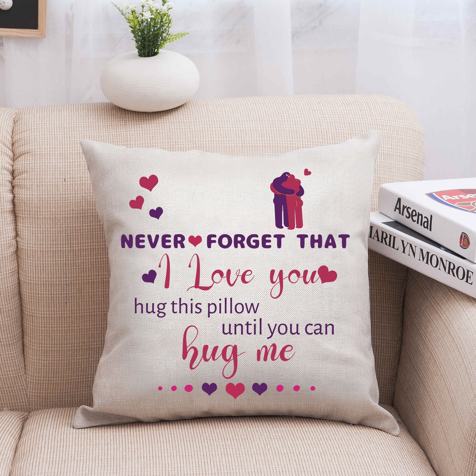 Hug this pillow until you can hug me,Cotton Linen Square Pillow Gift For Valentine's Day Anniversary